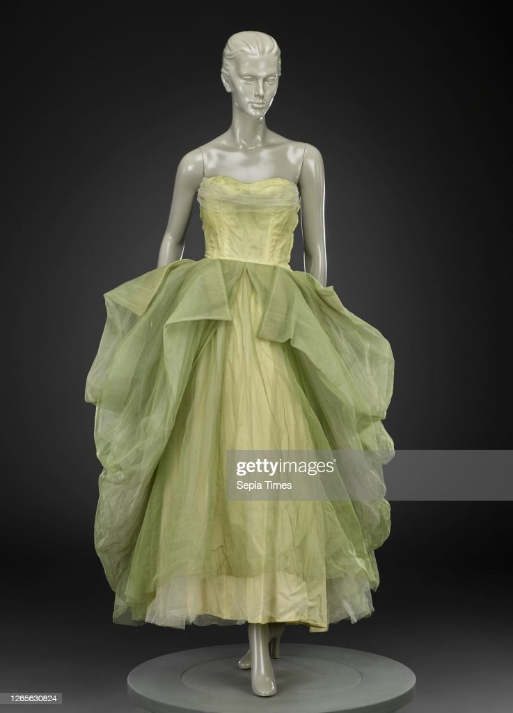 1950s fashion: 1958 silk tulle & taffeta ballgown in a couple of shades of green by Ceil Chapman - 1950s Vintage Fashion designer. 