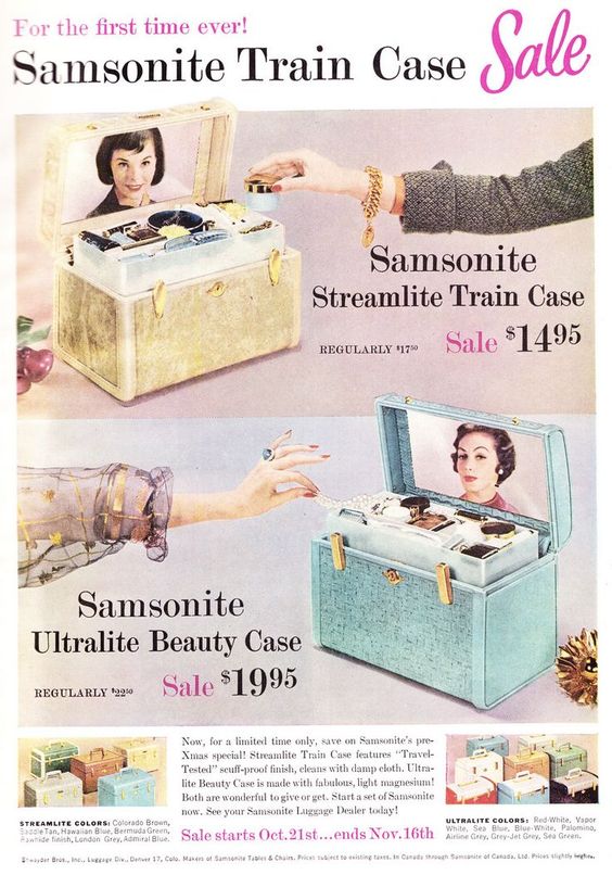 1950s Vintage Ad or 1960s Vintage ad for a Samsonite Luggage Train Case Sale. Featuring a Train Case & a Beauty Case 