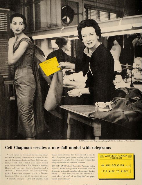 1950s vintage ad: American fashion designer Ceil Chapman for Western Union Telegram ad, photo by Peter Benech, 1956