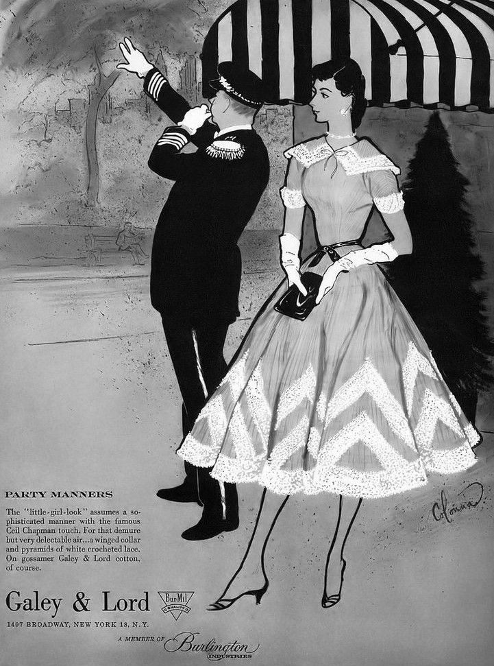 1950s vintage ad for Galey & Lord featuring a 1950s Dress by Ceil Chapman 