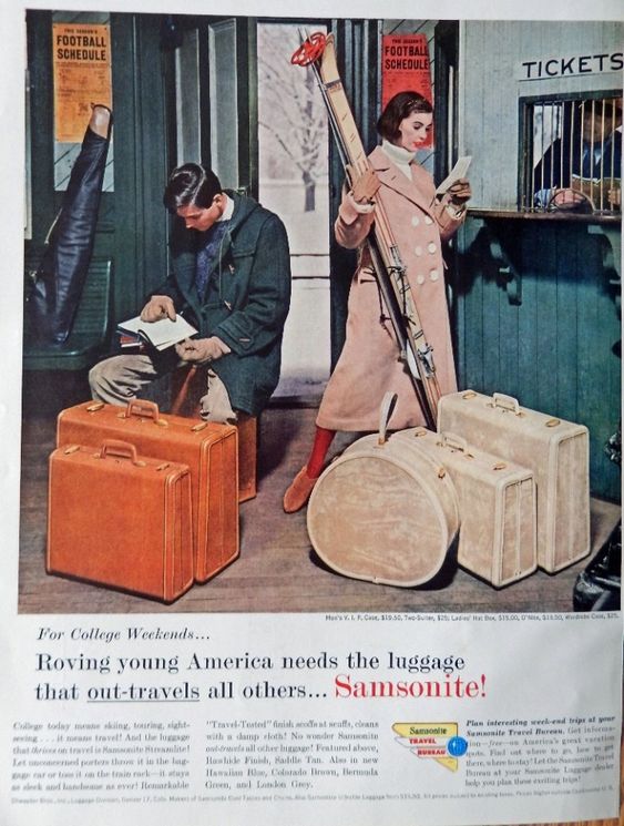 1950s vintage ad for Samsonite Luggage featuring college students on a weekend getaway