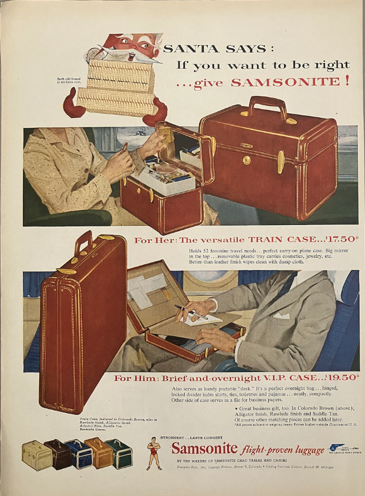 1954 Samsonite Luggage Vintage Ad - Give the gift of luggage at Christmas time. 