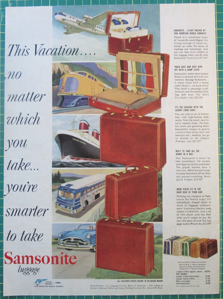 1950s Vintage Ad: 1953 Samsonite Travel Luggage Vintage ad featuring all the places you can take your Samsonite with you.
