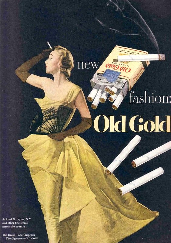 1950s vintage ad for old gold cigarettes featuring a 1950s evening gown by Ceil Chapman