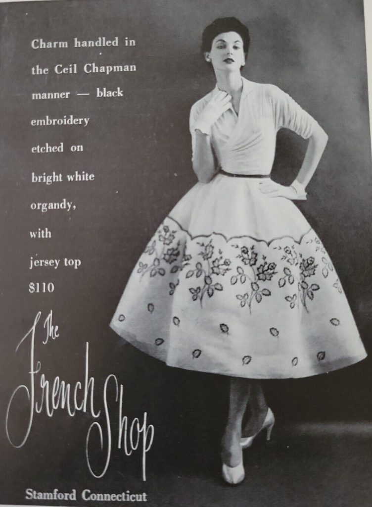 1950s vintage ad from 1952 featuring a 1950s skirt and top by Ceil Chapman at the French Shop