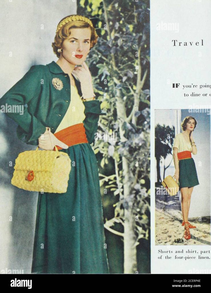 1950s Fashion: Travel Outfit by Ceil Chapman for women featuring a skirt that becomes shorts. 