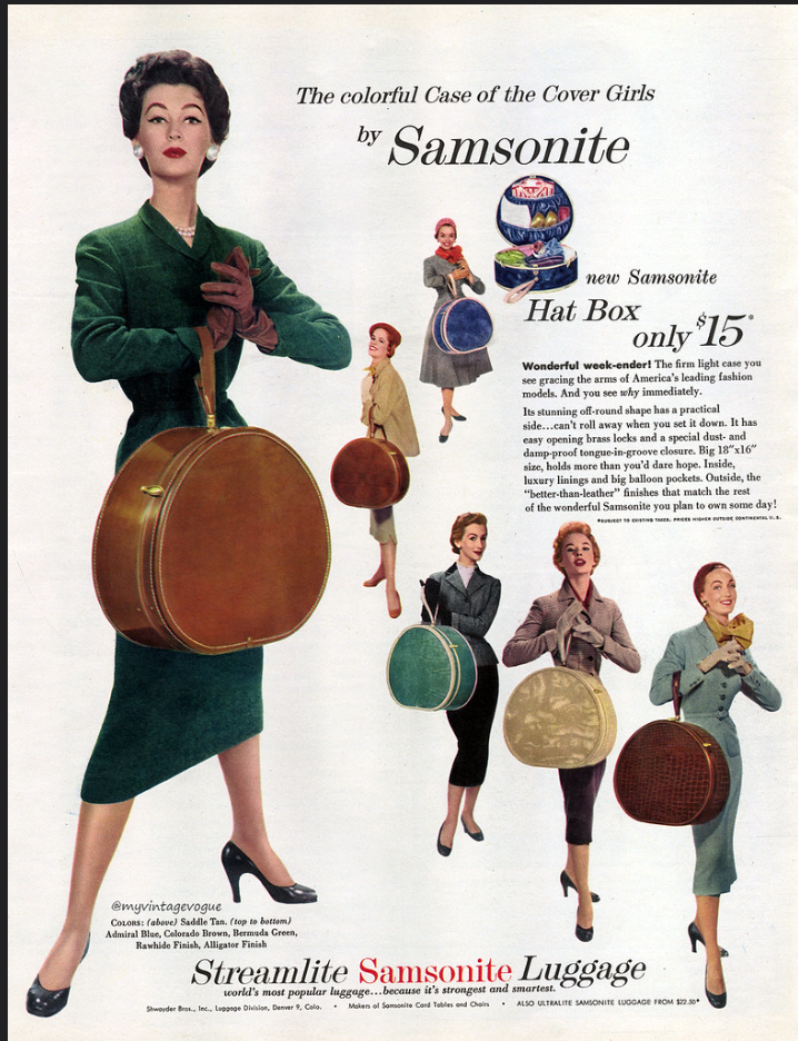 1955 vintage hat box ad for Samsonite luggage featuring stylish women in 1950s clothing holding different coloured hat boxes - 1950s vintage ad