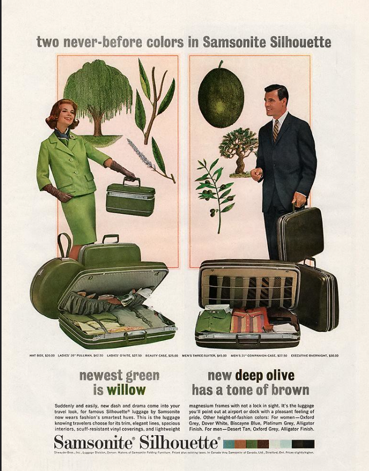 1960s vintage ad for Samsonite Luggage-The Samsonite Silhouette featuring a woman in green 1960s fashions holding luggage and man in deep olive suit holding luggage. 