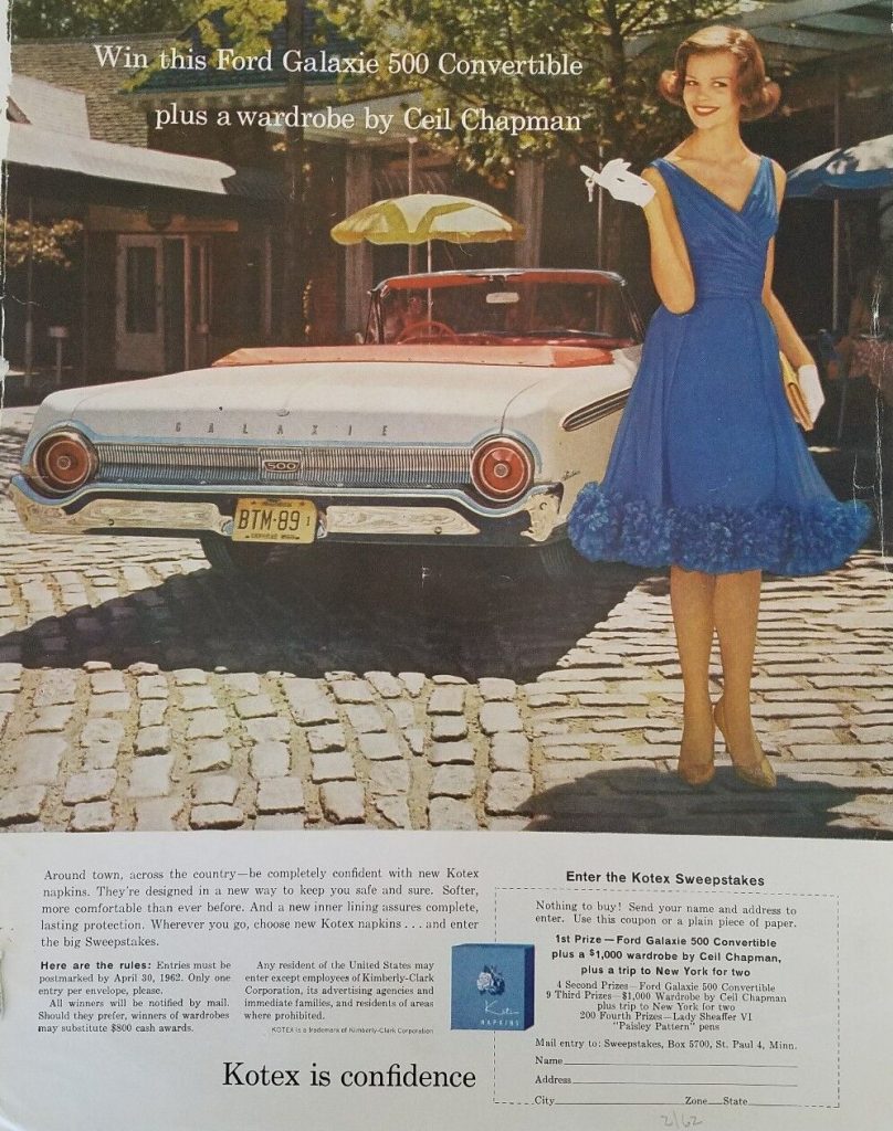 1960s Vintage Ad for Kotex featuring a 1962 Dress by Ceil Chapman and a Ford Galaxie 500 Convertible. 