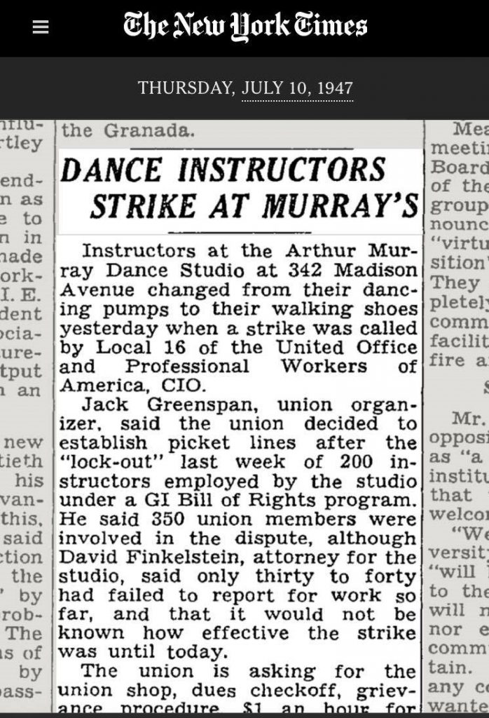 1947 news article about the Dance Teacher Strike from Arthur Murray Dance Studio in New York City as seen in the New York Times. 