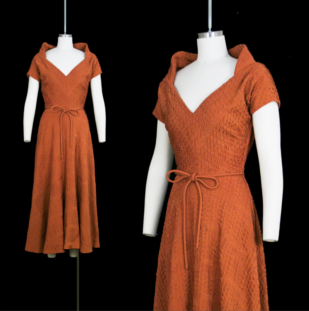 1940s fashion: Vintage 1940s Ceil Chapman Dress - Burnt Orange - High Shawl Collar