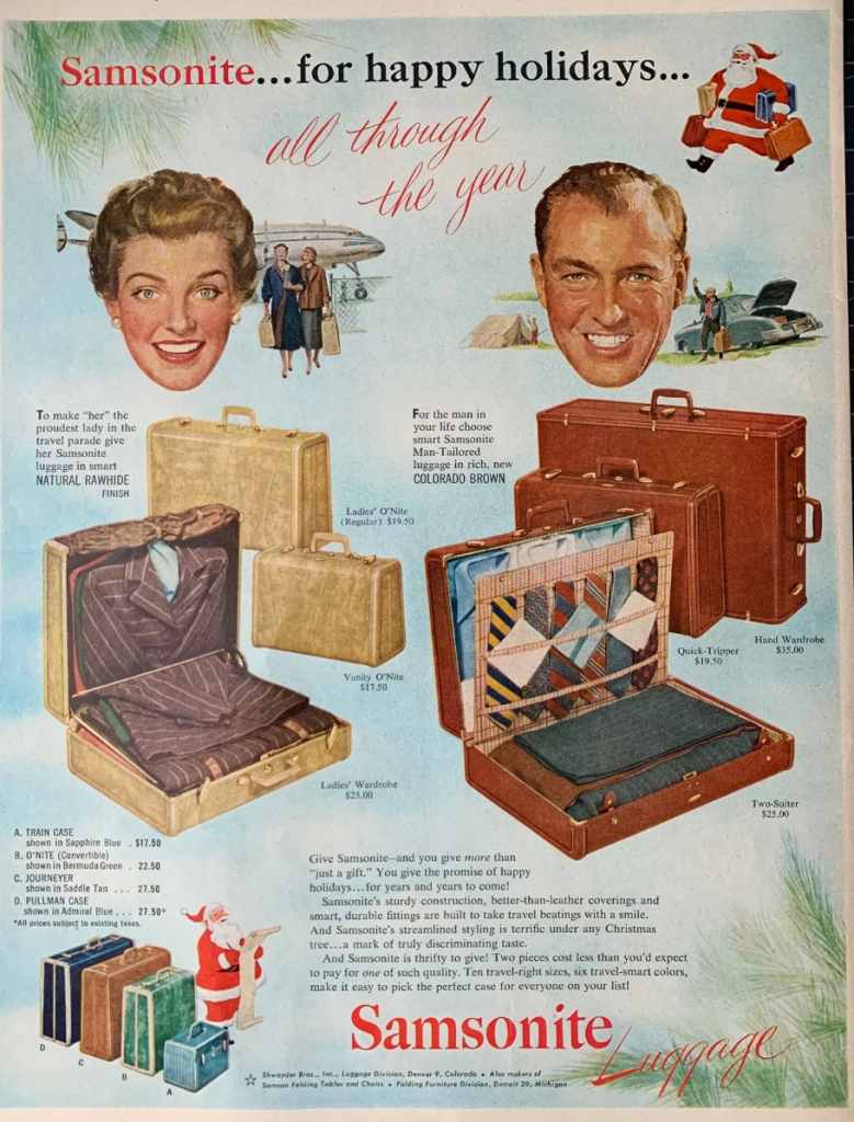 1950s Vintage Ad-1951 Samsonite Luggage ad featuring gifts you can give at Christmas for men and women. 