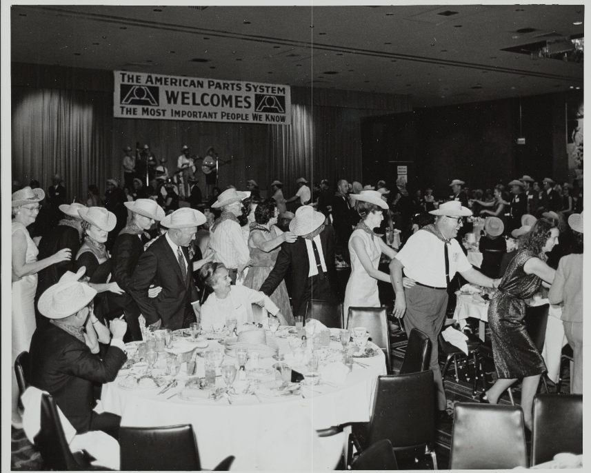 Events and conventions are another staple of the Vegas scene. 

Congo line at the American Parts System convention - Late 1960s photo.