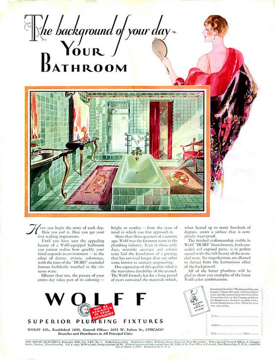 1920s vintage ad from 1929 for Wolff Plumbing fixtures featuring a 1920's bathroom / Art Decor bathroom in greens and reds. 