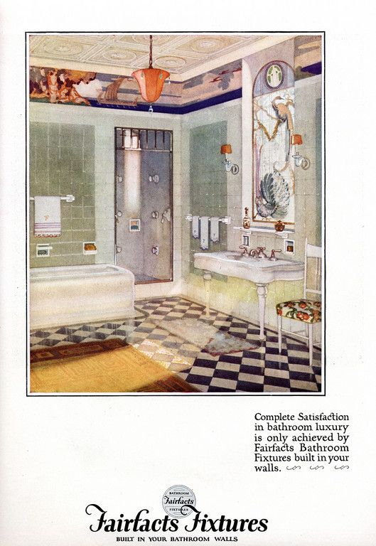 1920s Vintage Advertisement: 1924 ad for 'Fairfacts Fixtures'. "Complete Satisfaction in bathroom luxury". Vintage ad features a black & white checkered bathroom floor