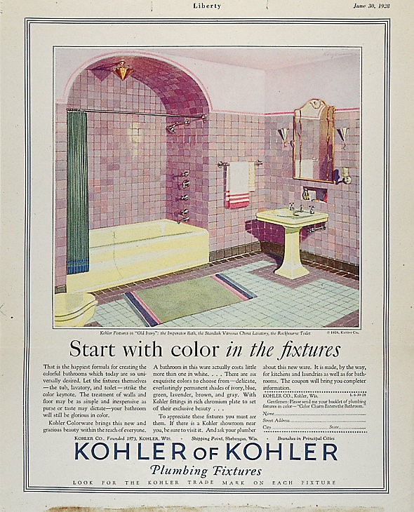 1920s Vintage Ad for Kohler featuring a Coloured tub, sink and toilet. Ad is from 1928. - Vintage Bathroom. 