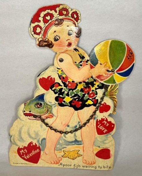 Vintage Valentines Day Cards from the 1920s featuring a little girl in a swimsuit on the beach. 