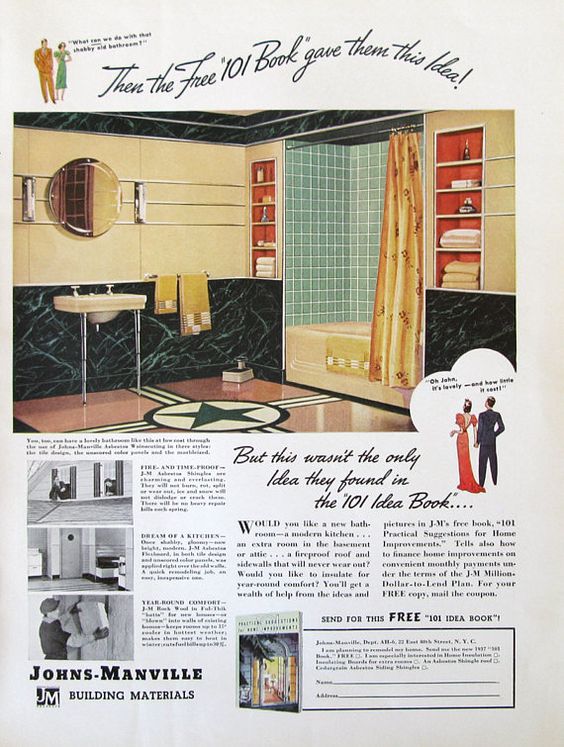 1930s Vintage Ad: Vintage Bathroom Advertising. Beautiful 1930's Art Deco Bathroom. WOW! 1937 Johns Manville building materials ad