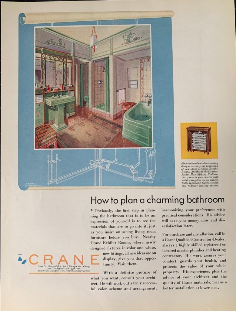 1930s Vintage Ad: 1931 Crane Bathroom Fixures Print Ad featuring green bathroom fixtures, linoleum flooring and plaid seating. 