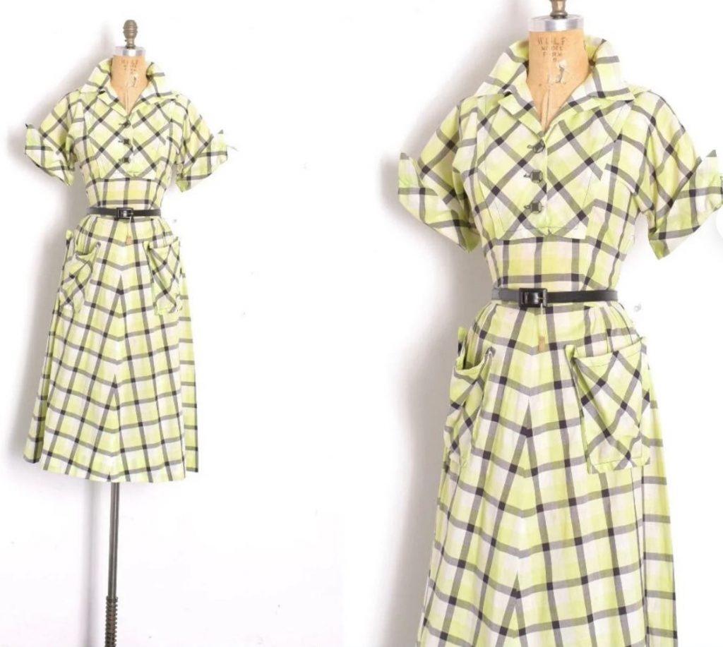 1940s Fashion: Vintage 1940s cotton plaid dress, yellow/chartreuse.