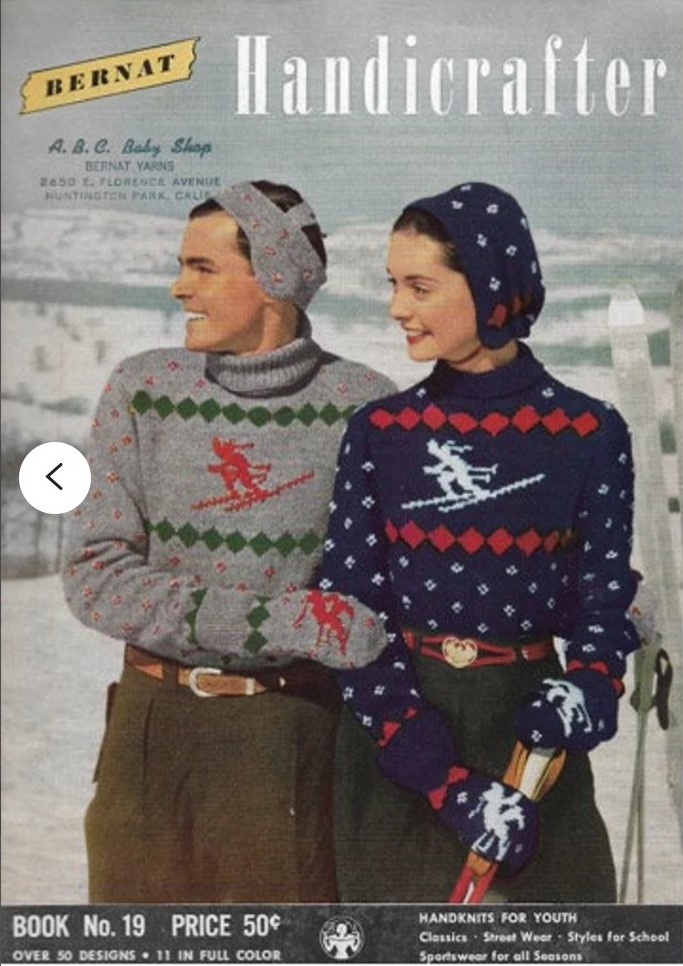 1940s Fashion: 1940s vintage Ski Style. Vintage 1940s Knitting Pattern Booklet | 1949 Bernat Handicrafter Book 19 | ski sweaters fair isle colorwork sweaters | 50+ designs PDF