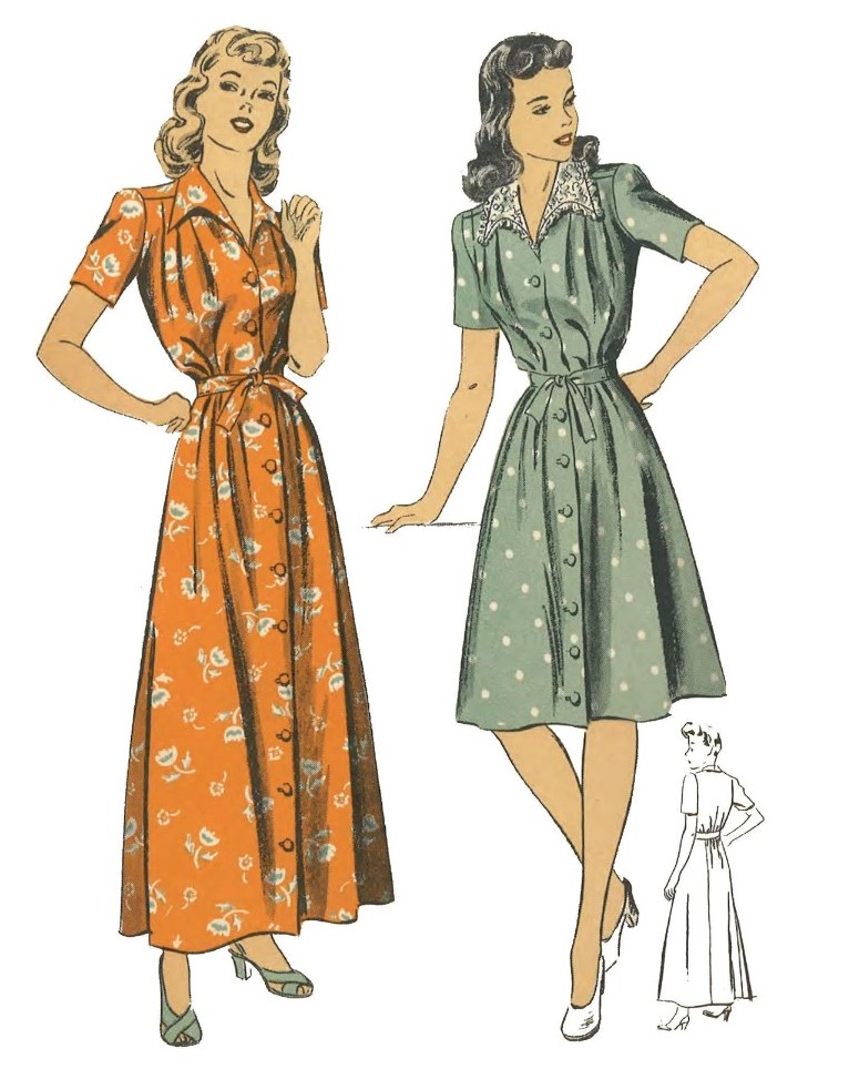 1940s Fashion: Sewing pattern for a woman's rob & women's 1940s housedress 