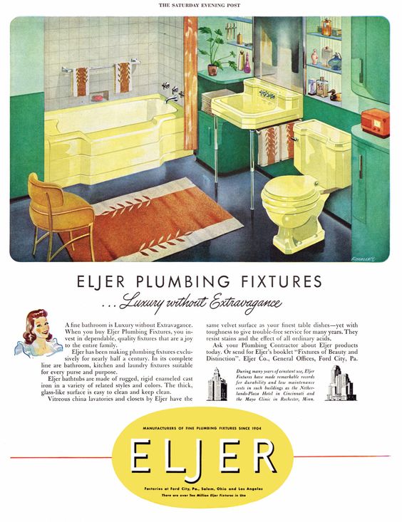 1940s Vintage Ad for Eljer Plumbing Fixtures, 1948 featuring a yellow and green bathroo. 