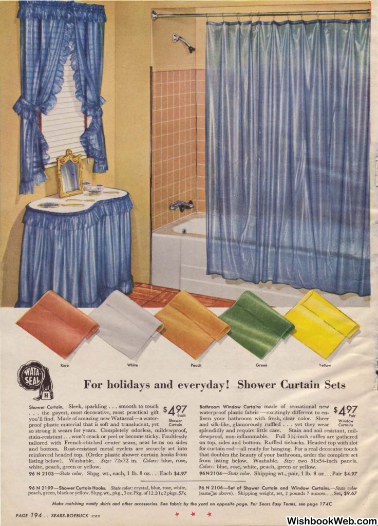 1940s vintage catalog page from a 1945 Sears Wishbook featuring Shower Curtain Sets