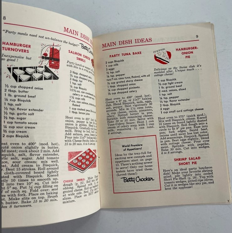 1950s Party Food as seen in a 1950s Betty Crocker Bisquick Cookbook. The vintage recipes include things like, Party Tuna Bake, Hamburger Onion Pie, Shrimp Salad Short Pie, Hamburger Turnovers and more!