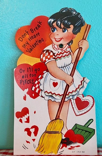 Vintage 1950’s valentines card kitschy cute large size girl sweeping heart