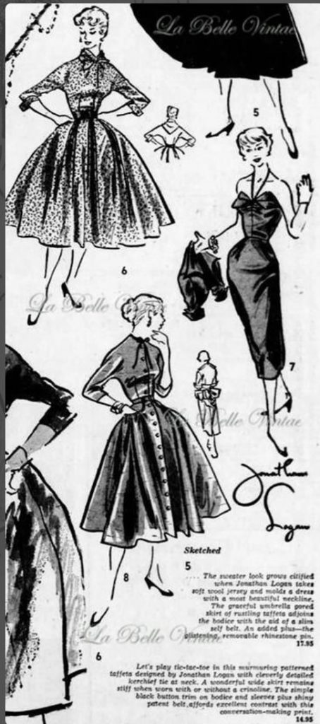 1950s Vintage Fashion Ad from 1952 for Jonathan Logan Dresses. 1950s Fashion Illustration. 