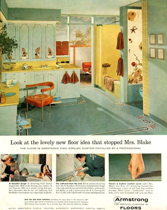 1950s Vintage Ad featuring a 1950s Bathroom and 1950s flooring from Armstrong Floors. 