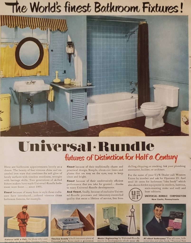 1950s Vintage Advertisement for"The World's finest Bathroom Fixtures" from Universal Rundle in 1951. Featuring a blue & yellow bathroom. Super vintage 1950s bathroom inspiration. 