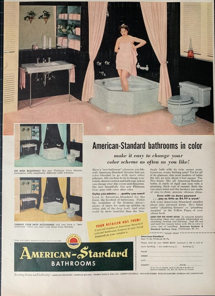 1950s vintage bathroom advertisement featuring a pink blue and yellow bathrooms from American Standard. 1950s bathroom inspiration. ==> Vintage 1954 American-Standard Plumbing Fixures Print Ad