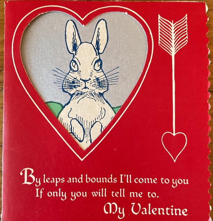 Vintage Valentines Day Card from the 1930s or 1940s featuring a rabbit on the front and inside