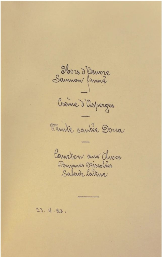 1920s vintage dinner menu from 1923 for the Savoy Restaurant in London featuring a private dinner menu