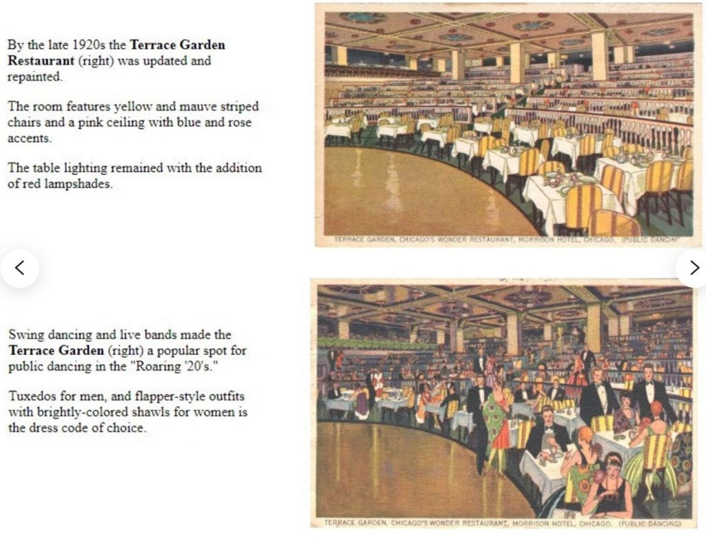 1920s vintage postcard images of the Terrace Gardens Restaurant in Chicago featuring people in 1920s fashions. 