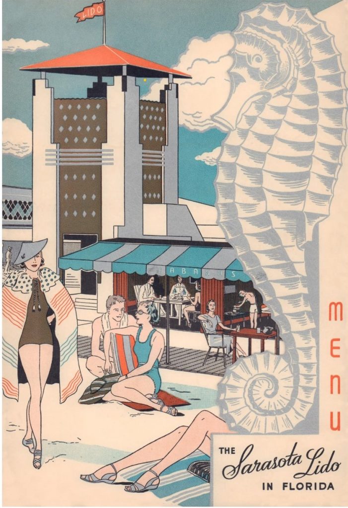 1940s vintage dinner menu for the Sarasota Lido in Florida featuring a menu cover illustration of people in  late 1930s / Early 1940s fashions-beachwear and a giant seahorse.