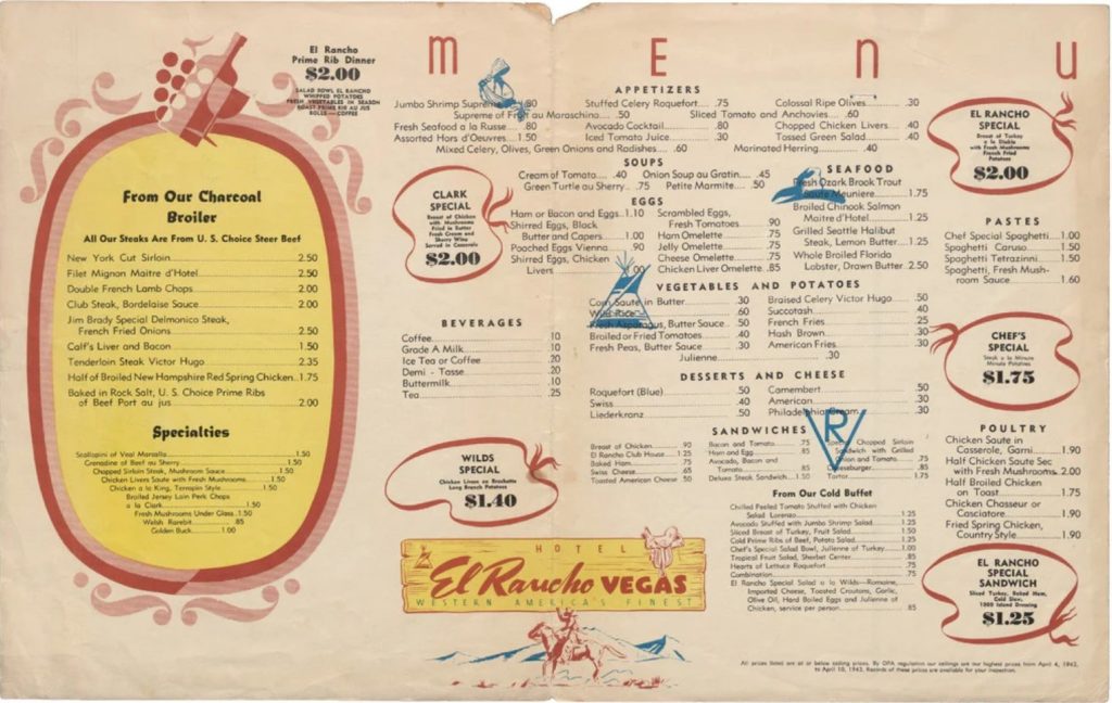 1940s dinner menu for the El Rancho Hotel Las vegas, 1946 featuring 1940s dinner foods. 