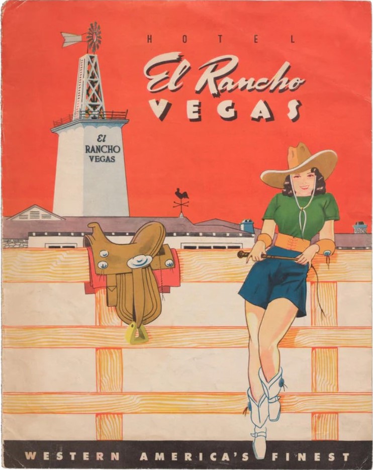 1940s dinner menu for the El Rancho Hotel Las vegas, 1946 featuring an illustration of a cowgirl. Vintage Dinner Menu.