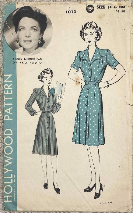 1940s Fashion: 1940s Vintage Sewing Pattern for a women's shirtwaist dress featuring actress Agness Moorehead on the pattern. 