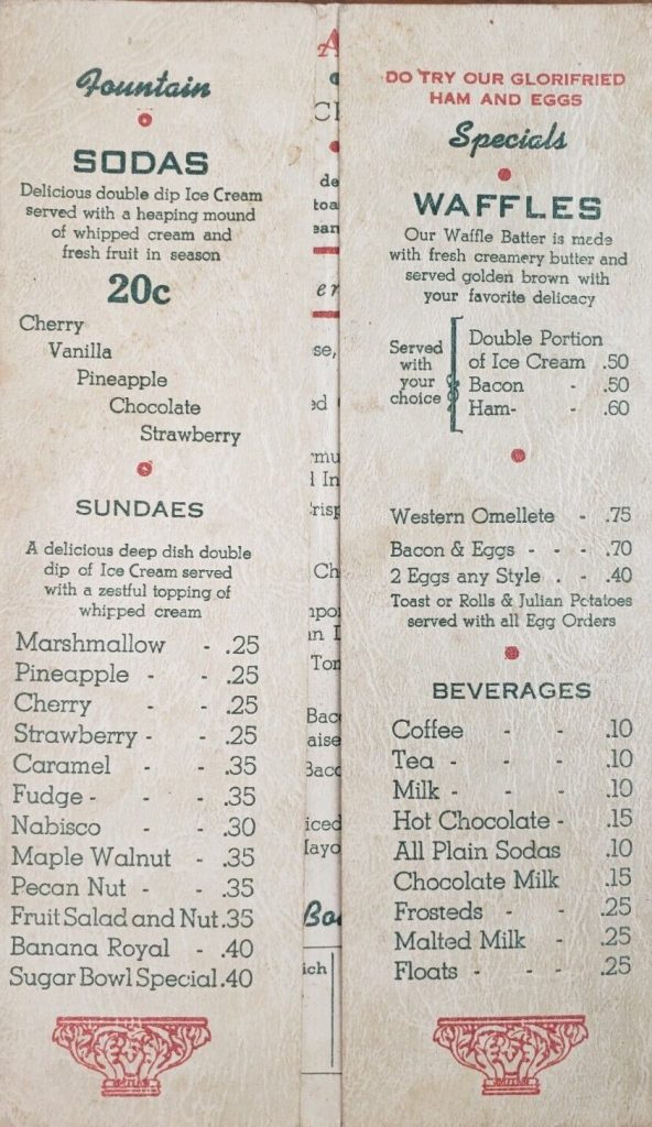 1940s Vintage Menu / 1940s Vintage Menu Art: "The Sugar Bowl Soda-luncheon & Bowling" menu. Featuring Sodas, Sundaes, Waffles. 