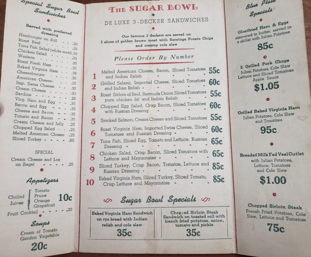 1940s Vintage Menu / 1940s Vintage Menu Art: "The Sugar Bowl Soda-luncheon & Bowling" menu. Featuring vintage food like Appetizers of Chilled Juices, Triple Decker sandwiches & more. 