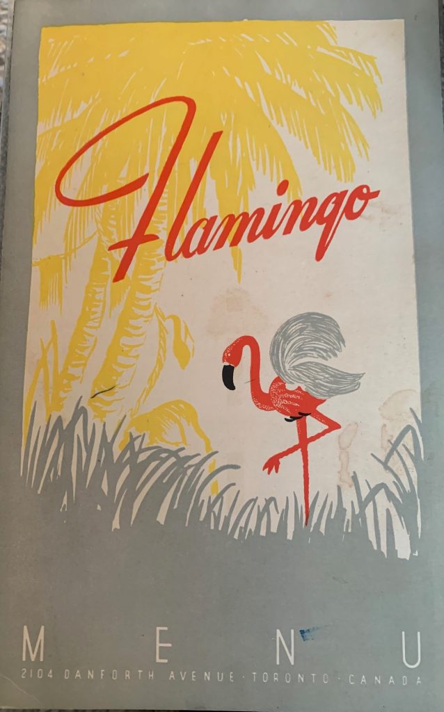 1950s 1960s vintage dinner menu for the Flamingo resturant in Toronto, Ontarion, Canada. 