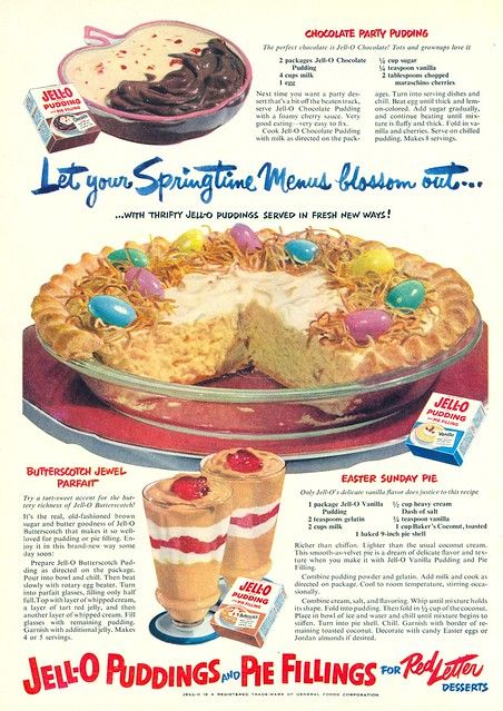 1950s Vintage Ad /1950s Easter Advertising from 1951 for Jello Puddings and Pie Fillings featuring a recipe for an Easter Sunday Pie. 1950s Dessert Idea. 