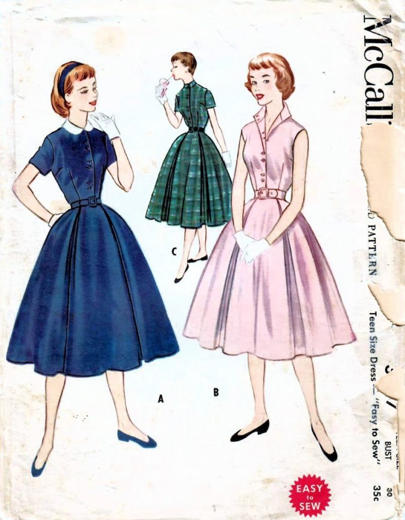 1950s Fashion: 1950s McCall's Vintage Sewing Pattern Full Skirt Dress, Shirtwaist Dress.