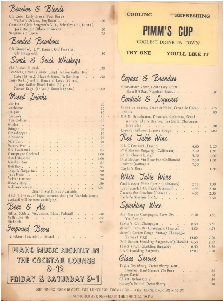 1950s Vintage Drink Menu as seen on a vintage 1950s menu. Glendale House Black Cocktail Menu, Indianapolis 1950s