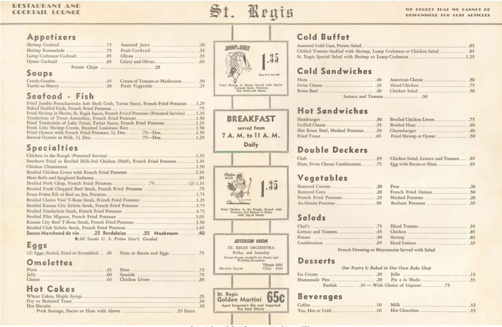 1950s vintage dinner menu 'Shrimp in Shorts, St Regis Restaurant, New Orleans', 1950s. 