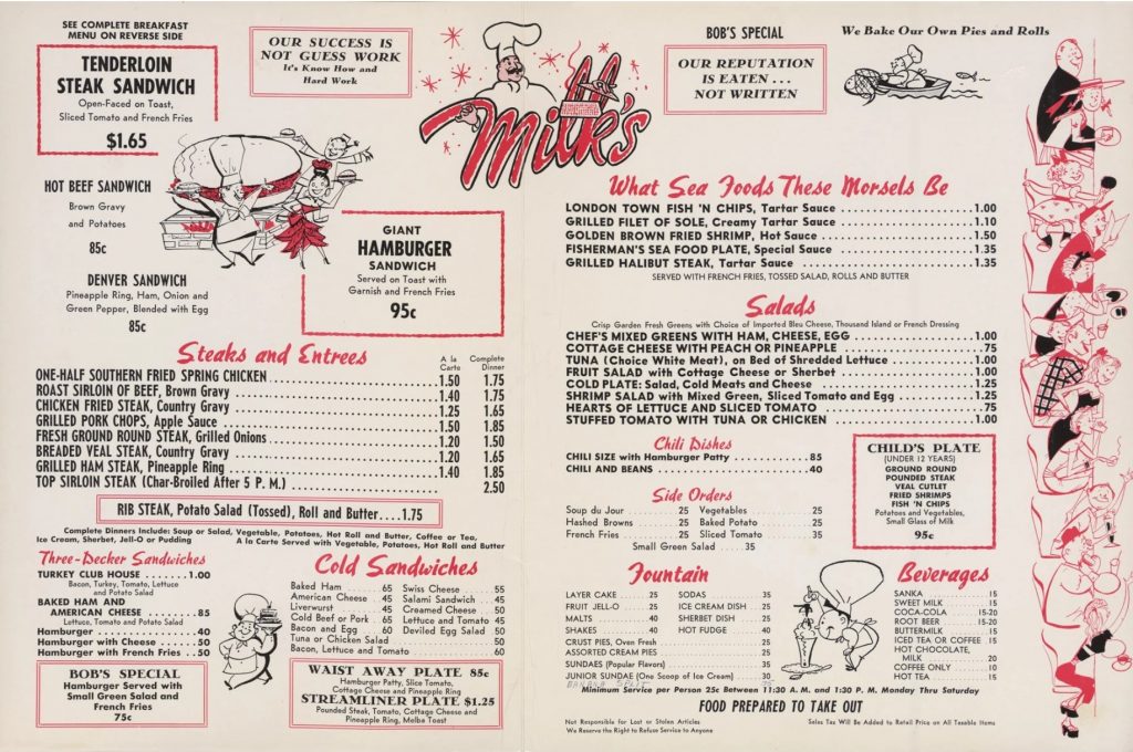 1950s vintage dinner menu from vintage las vegas featuring 1950s illustration mid century art.