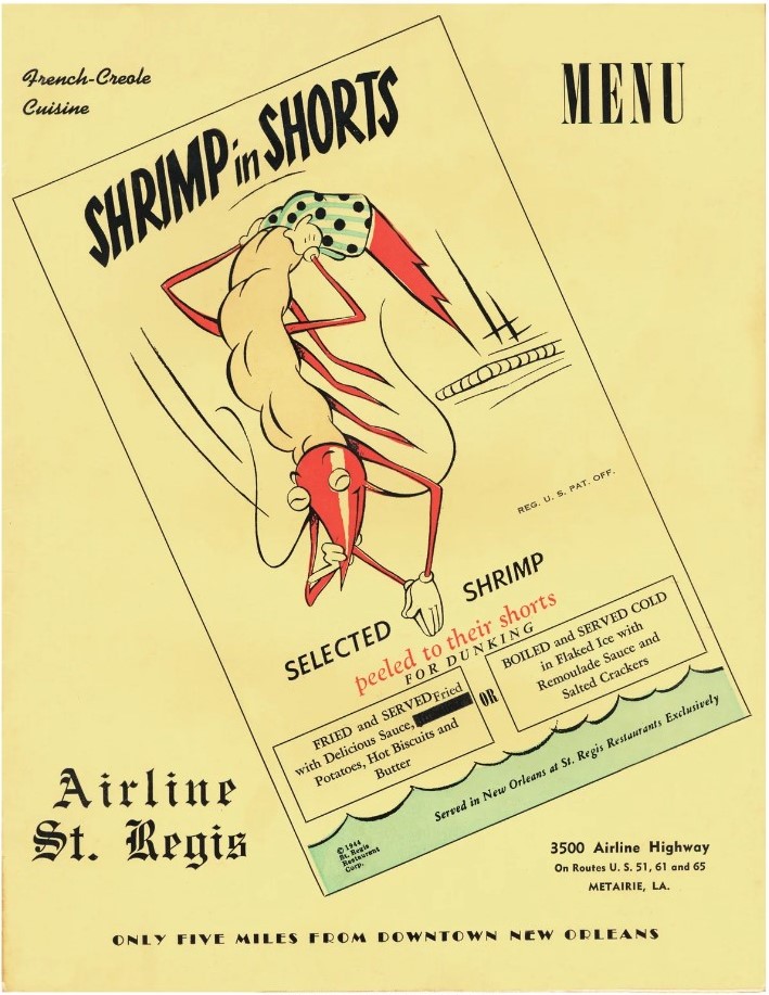 'Shrimp in Shorts, St Regis Restaurant, New Orleans', 1950s. Featuring an illustration of shrimp, "Selected Shrimp, peeled to their shorts for dunking"